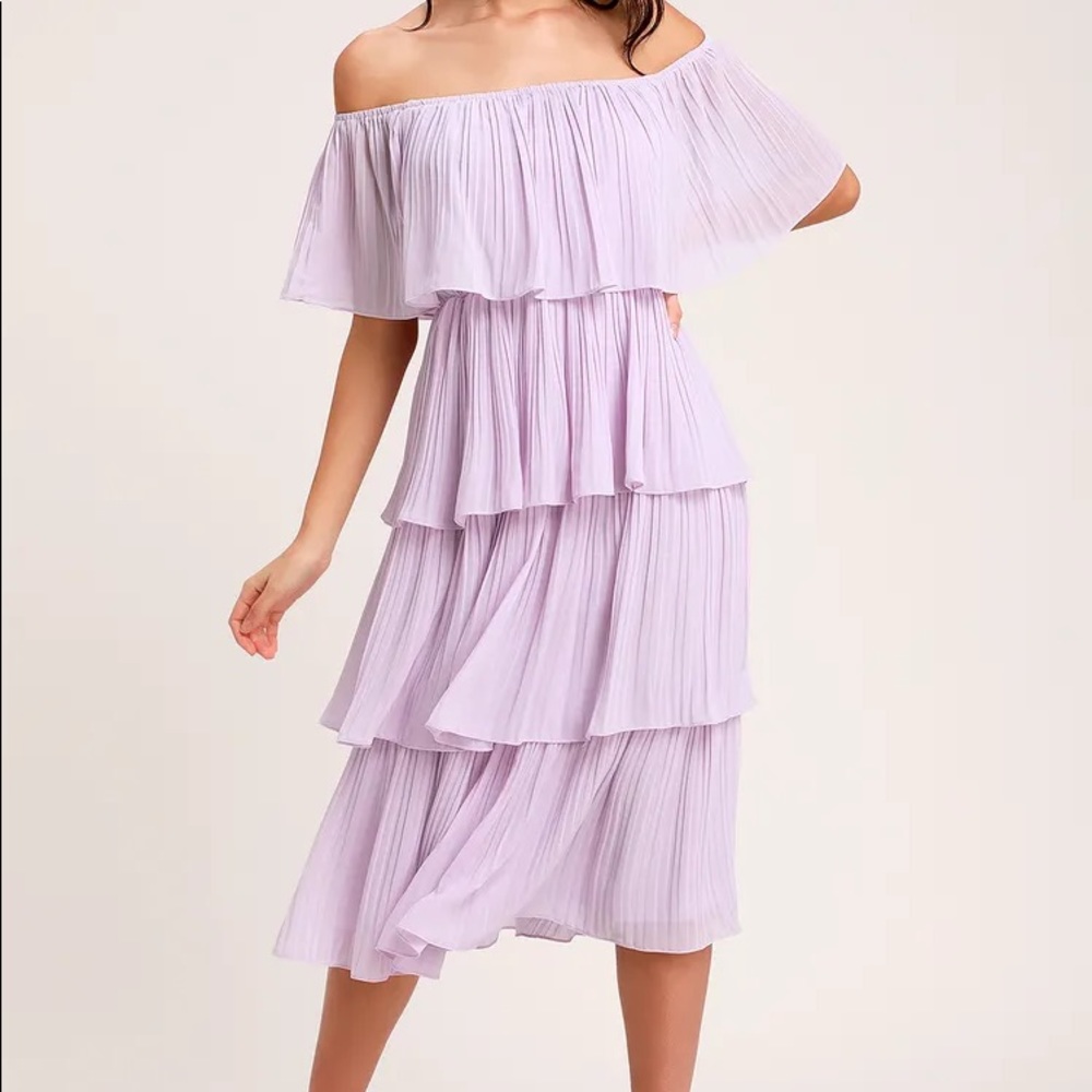 Lulu’s Lavender Off-the-Shoulder Ruffle Midi Dress